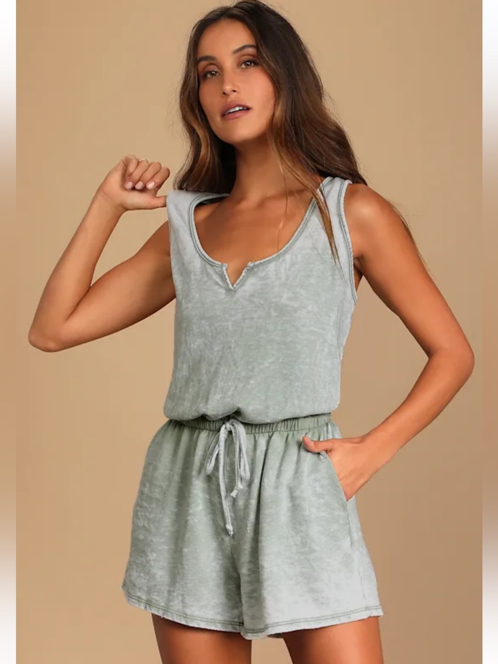 Lulus Perfect Lazy Day Sage Green Sleeveless Drawstring Lounge Romper - Picture 3 of 16